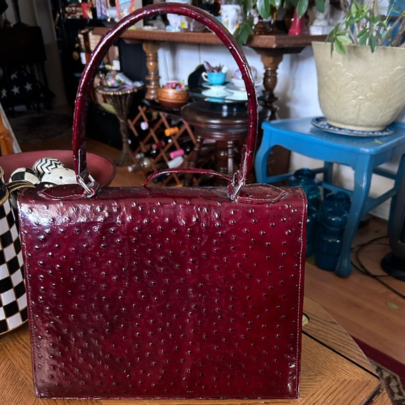 Vintage Burgundy Ostrich Leather Handbag - Picture 3 of 15
